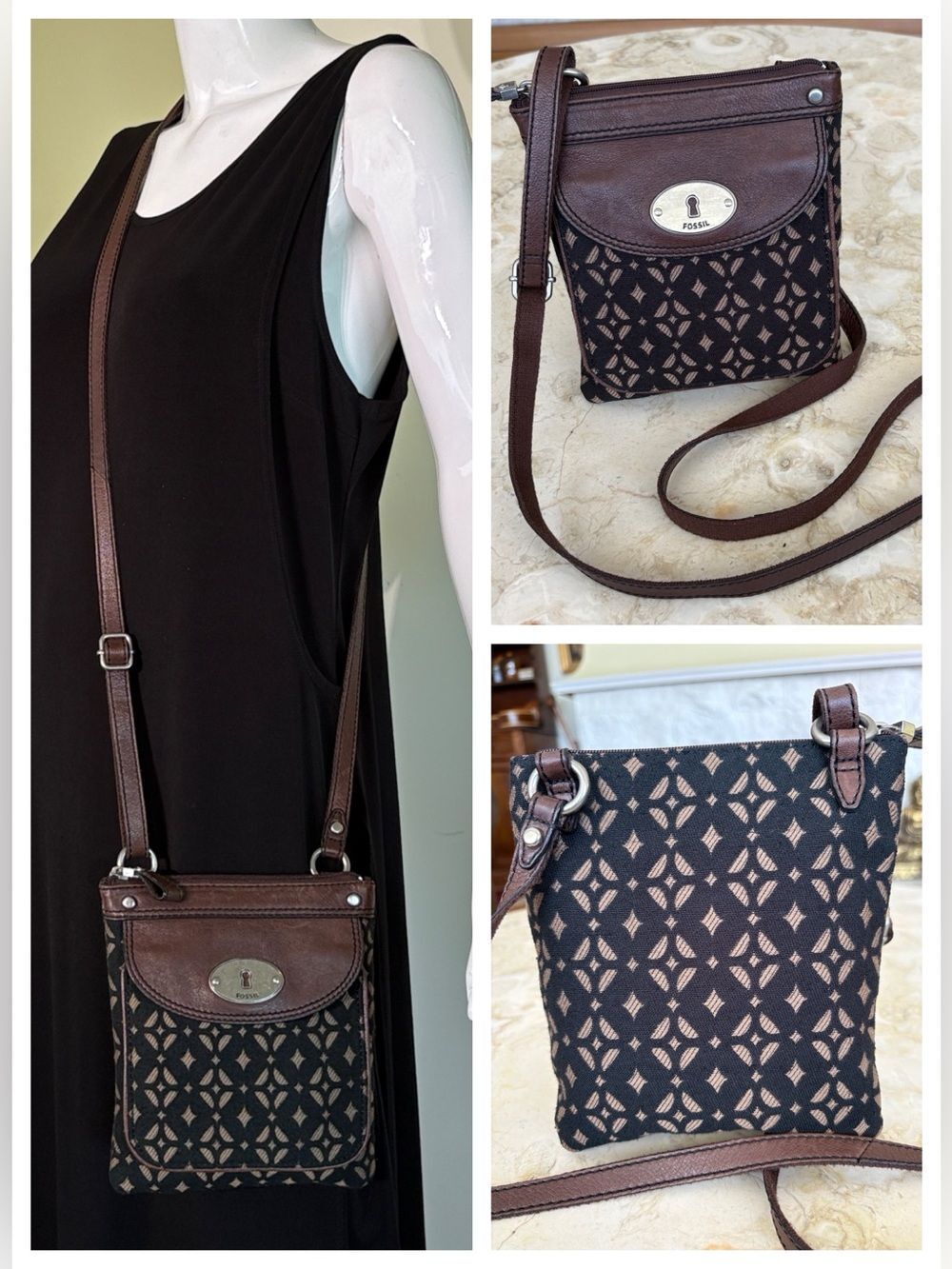 Fossil Crossbody Bag – Brown Leather & Signature Pattern | Boho Everyday Purse